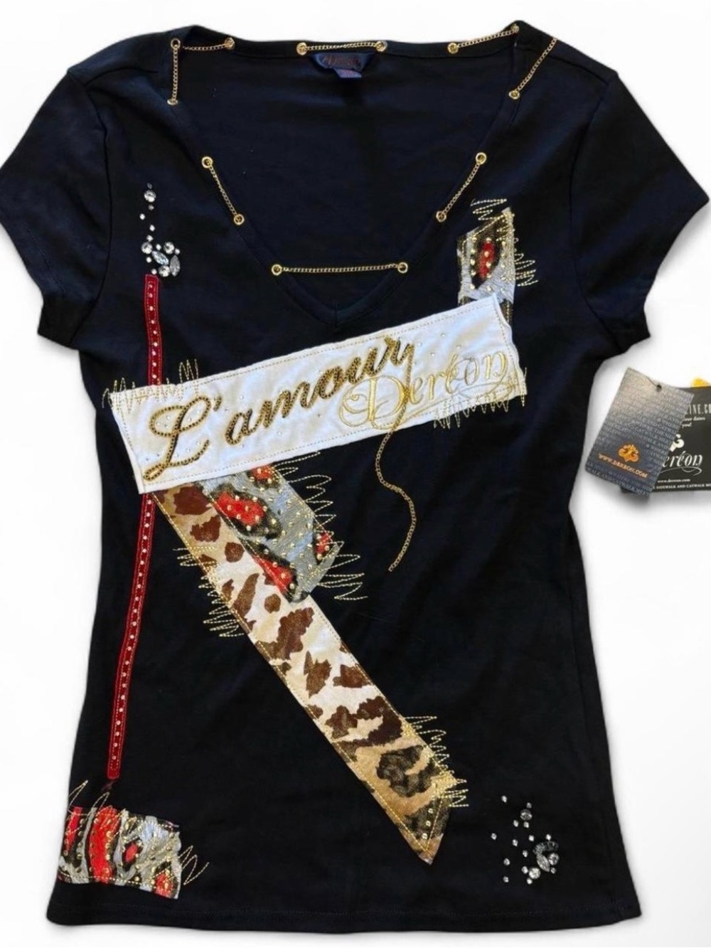 Black Embellished Women's V-Neck Tee